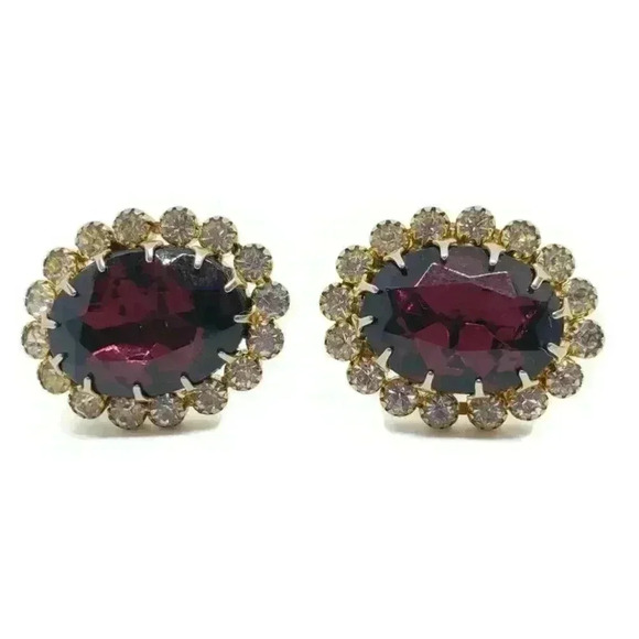 Vintage Earrings BIG PURPLE Faceted Rhinestone Clear Stones Clips Austria - Picture 2 of 7